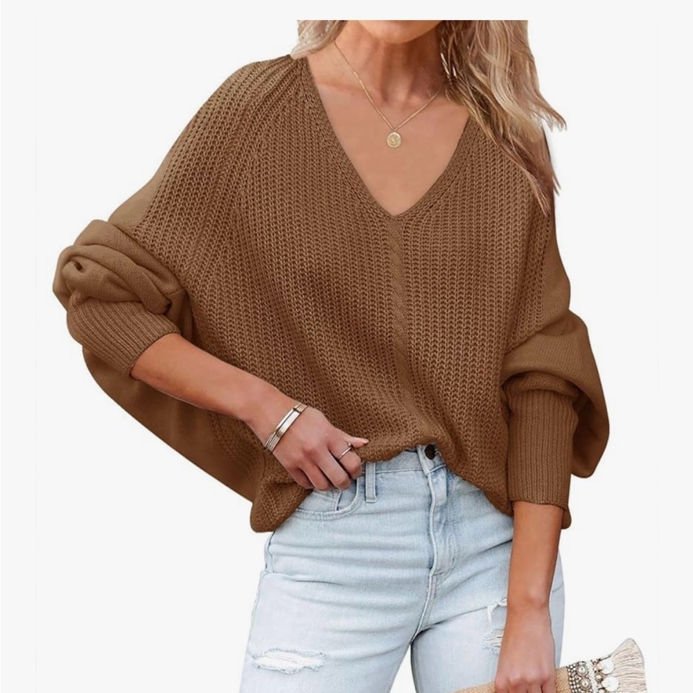 Caramel Off-Shoulder Deep V Batwing Cable-Knit Oversized Sweater